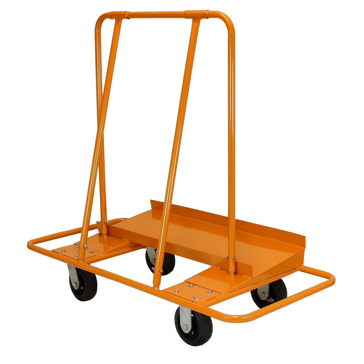 Robuster orangefarbener Transportwagen für Gipskartonplatten mit vier Rädern, stabiler Metallrahmen und praktischer Ablagefläche für einfache Handhabung