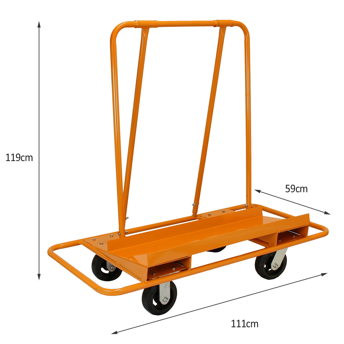 Robuster, orangefarbener Transportwagen für Gipskartonplatten, 1000 kg Tragfähigkeit, mit vier stabilen Rollen und hohem Griff für einfache Handhabung