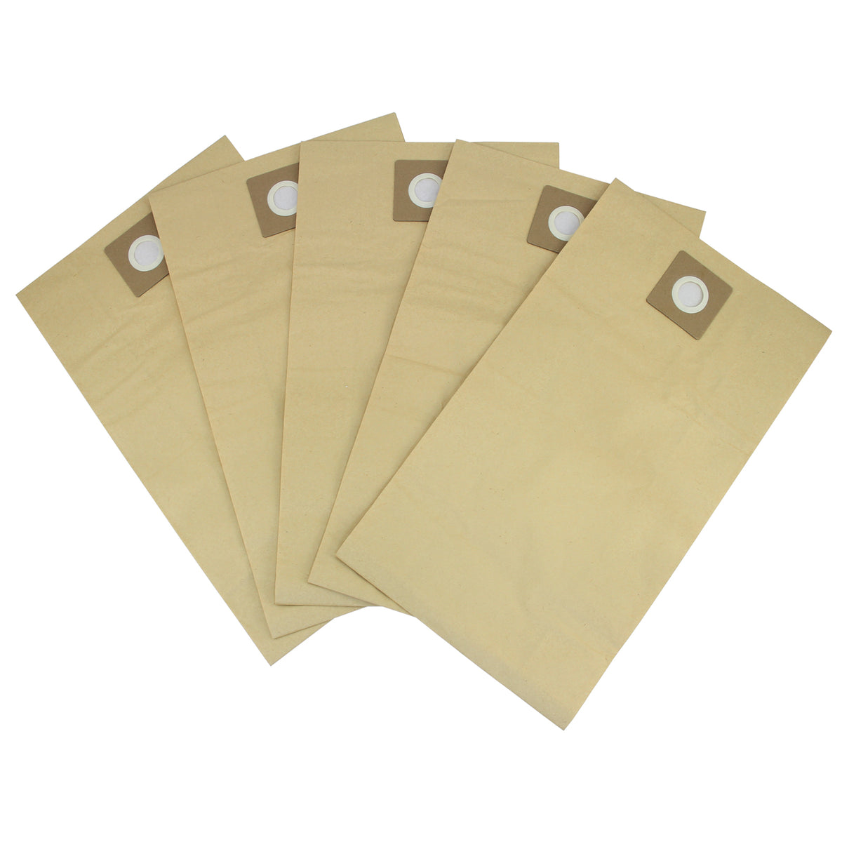 Fünf beige MAXBLAST 60L Staubsaugerbeutel aus strapazierfähigem Papier mit runder Öffnung und verstärktem oberen Bereich für optimale Staubaufnahme