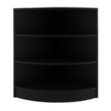 Schwarze Ladentheke für Ecken mit abgerundeter Form, drei offene Regalböden und glatter, mattschwarzer Oberfläche, ideal für Verkaufsräume