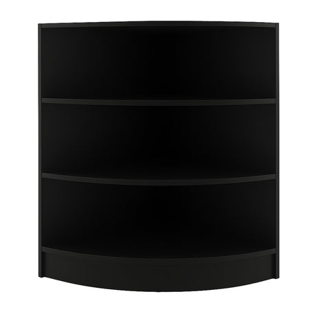 Schwarze Ladentheke für Ecken mit abgerundeter Form, drei offene Regalböden und glatter, mattschwarzer Oberfläche, ideal für Verkaufsräume