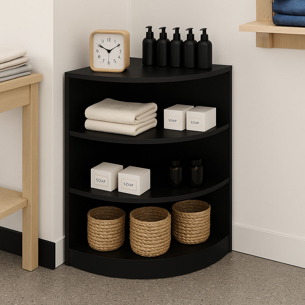 Schwarze Ladentheke für Ecken mit drei offenen Regalen, gefüllt mit Handtüchern, Seifenflaschen und Körben aus Naturmaterialien