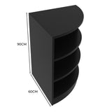 Schwarze Ladentheke in halbrunder Form mit drei offenen Regalen, ideal für Ecken, aus strapazierfähigem Material, 90 cm hoch und 60 cm breit