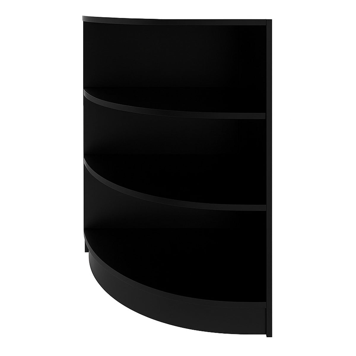 Schwarze Ladentheke für Ecken mit drei offenen Regalen, elegant geschwungene Form und glatte Oberfläche, ideal für Verkaufsräume