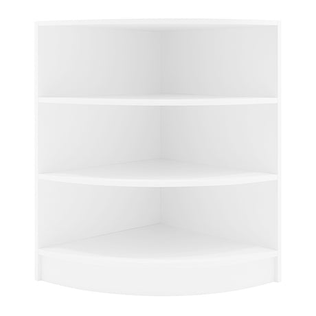 Eckige Ladentheke in Weiß mit glatten Oberflächen, drei offenen Regalen und abgerundeter Vorderkante, ideal für Verkaufsräume und Ausstellungen