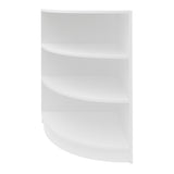 Eckige Ladentheke in Weiß mit glatten, modernen Oberflächen und drei offenen Regalen für optimale Präsentation von Produkten