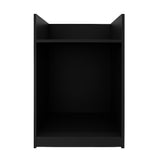 Schlichte schwarze Ladentheke mit Kassenblock, aus robustem Material, bietet offenen Stauraum und klare Linien für moderne Verkaufsräume
