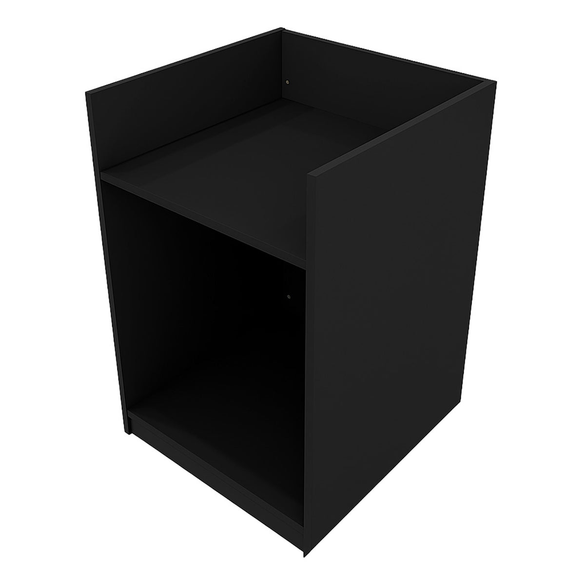 Schwarze Ladentheke mit Kassenblock, aus robustem Material, rechteckig, mit glatter Oberfläche und einem offenen Fach für Stauraum