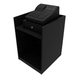 Schwarze Ladentheke mit Kassenblock, rechteckige Form, glatte Oberfläche, integrierte Tastatur und Schublade, ideal für Einzelhandelsgeschäfte