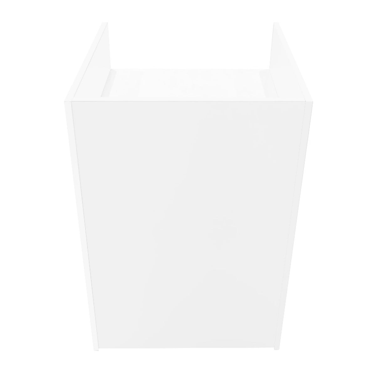 Moderne, weiße Ladentheke mit Kassenblock, rechteckige Form, glatte Oberfläche und minimalistisches Design, ideal für Einzelhandelsgeschäfte