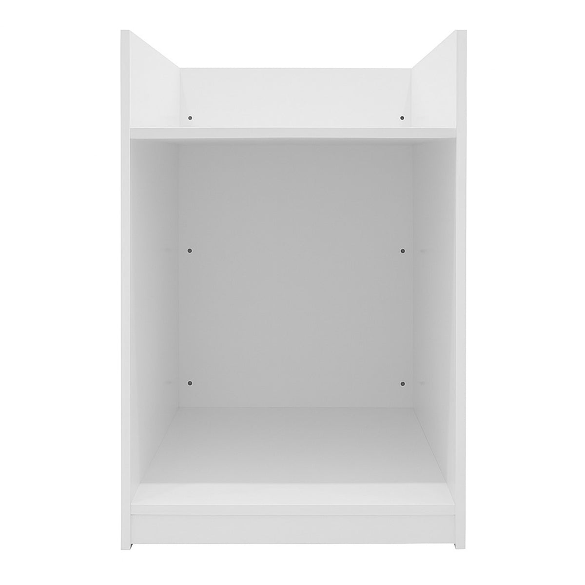 Weiße Ladentheke mit Kassenblock, schlichtes Design, glatte Oberfläche, rechteckige Form, ideal für Verkaufsräume und Geschäfte