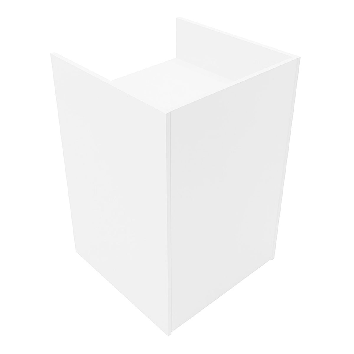Moderne, weiße Ladentheke mit Kassenblock, rechteckig, aus glattem Material, ideal für Verkaufsräume und Empfangsbereiche