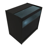Schwarze LED-Ladentheke mit gläserner Oberseite, modernem Design und klaren Linien, ideal für Verkaufsräume und Ausstellungen