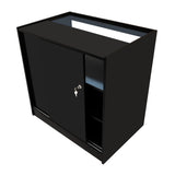 Schwarze LED-Ladentheke mit glatter Oberfläche, abschließbarem Schrank und offenem Regal, ideal für Verkaufsräume und Ausstellungen