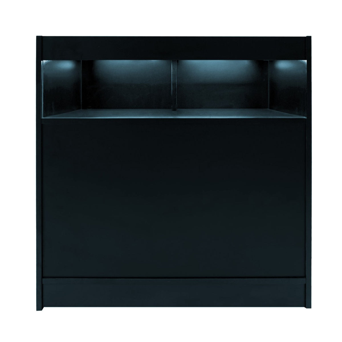 Schwarze LED-Ladentheke mit glatter Oberfläche, integrierter Beleuchtung oben und geräumigem Innenraum für eine moderne Verkaufspräsentation
