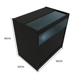 Schwarze LED-Ladentheke mit Glasoberfläche, rechteckiger Form, 90 cm hoch, 90 cm breit und 60 cm tief, ideal für moderne Verkaufsräume