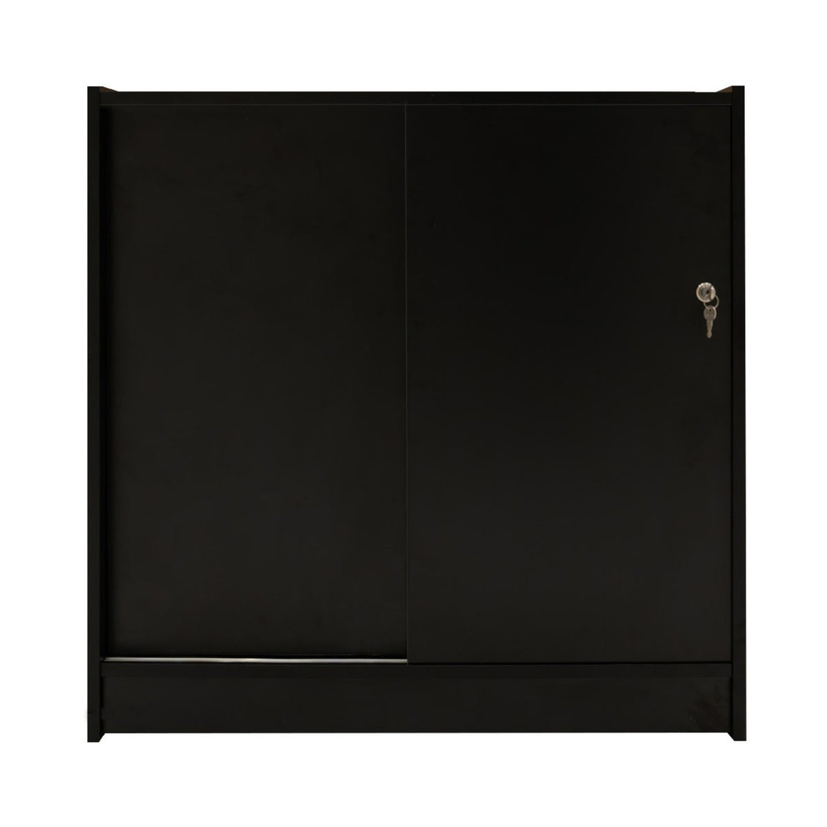 Schwarze LED-Ladentheke mit glatter Oberfläche, zwei Schiebetüren und einem Schlüssel, ideal für moderne Verkaufsräume und Ausstellungen
