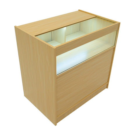 Moderne LED-Ladentheke aus hellem Ahornholz mit Glasoberfläche, beleuchtet von innen, bietet eleganten Stauraum und Sicht auf Produkte