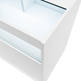 Weiße LED-Ladentheke mit glatter Oberfläche und transparentem Glas, ideal für die Präsentation von Produkten in einem modernen Verkaufsraum