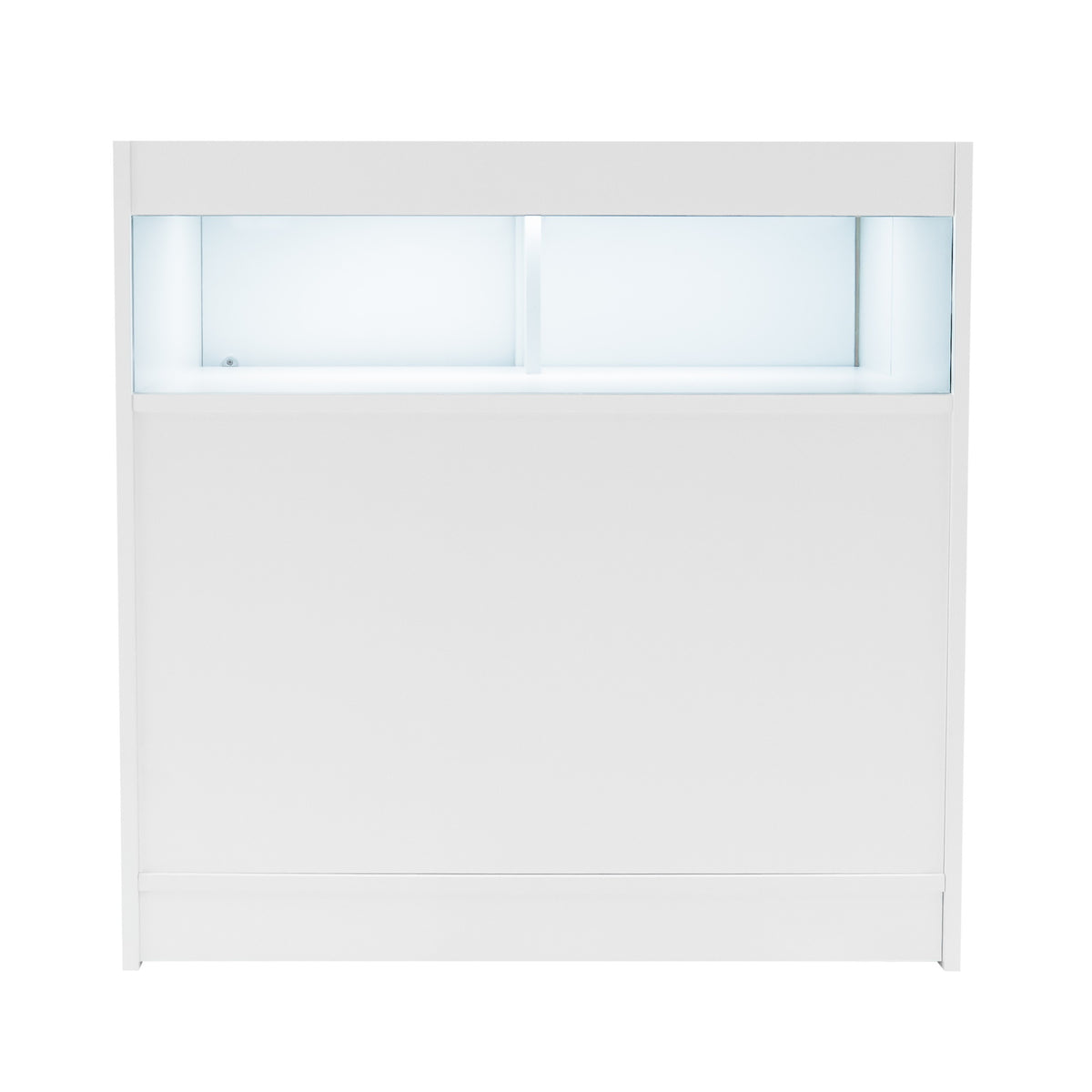 Moderne, weiße LED-Ladentheke mit glatter Oberfläche, integrierter Beleuchtung und zwei transparenten Fächern für Produkte oder Informationen