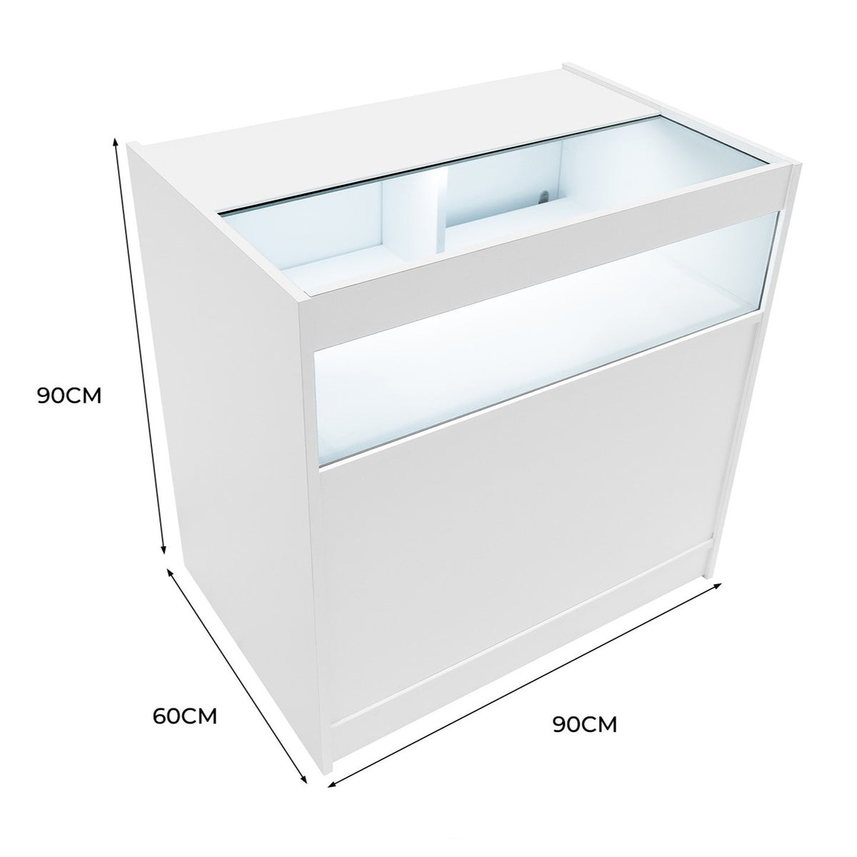 Moderne weiße LED-Ladentheke mit Glasoberfläche, rechteckiger Form, eleganter, glatter Oberfläche und integrierter Beleuchtung, ideal für Verkaufsräume