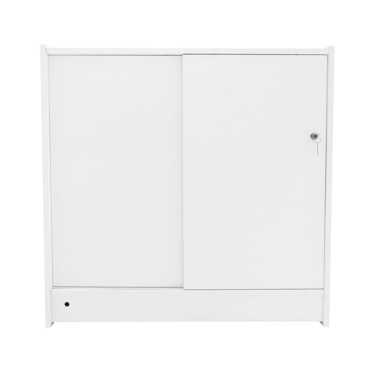 Moderne, weiße LED-Ladentheke mit zwei Schiebetüren, glatter Oberfläche und minimalistischer Form, ideal für Verkaufsräume und Ausstellungen