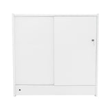 Moderne, weiße LED-Ladentheke mit zwei Schiebetüren, glatter Oberfläche und minimalistischer Form, ideal für Verkaufsräume und Ausstellungen