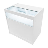 Moderne, weiße LED-Ladentheke mit gläserner Oberseite und beleuchtetem Innenraum, ideal für die Präsentation von Produkten in Geschäften