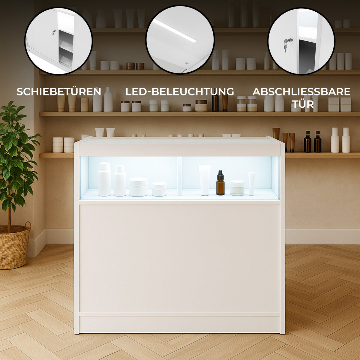 Moderne weiße LED-Ladentheke mit Schiebetüren, beleuchtetem Glasregal und abschließbarer Tür, ideal für den Einzelhandel oder Ausstellungen