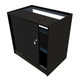 Schwarze LED-Ladentheke mit glatter Oberfläche, zwei Türen, einem offenen Regal und beleuchtetem Oberteil, ideal für Verkaufsräume und Ausstellungen