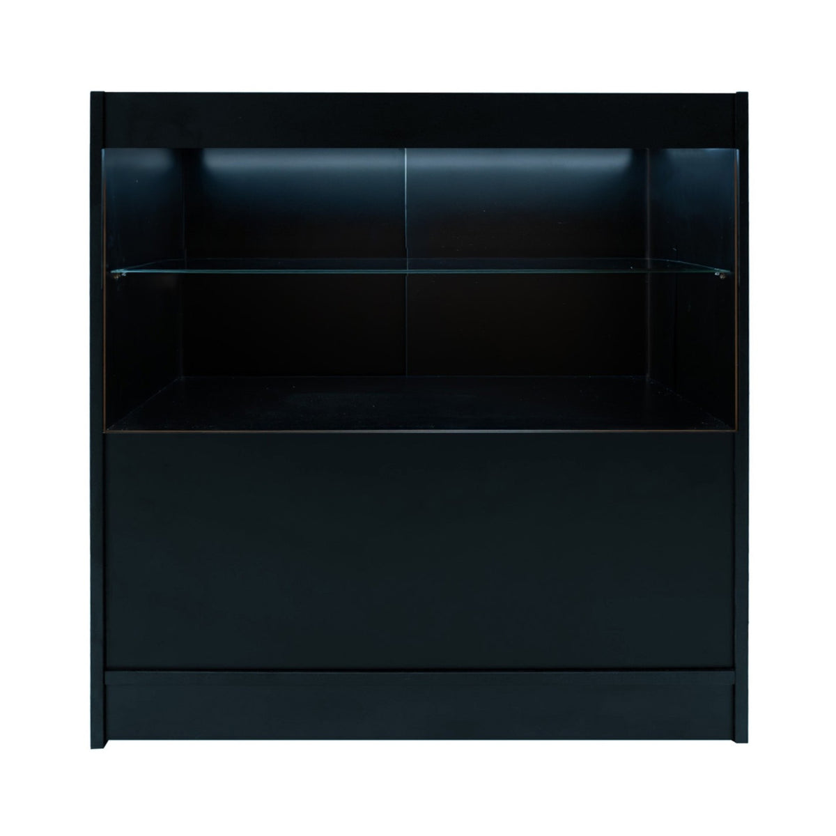 Schwarze LED-Ladentheke mit glattem Finish, beleuchtetem Oberteil und einer transparenten Glasablage für ansprechende Produktpräsentation