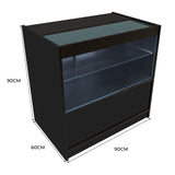 Schwarze LED-Ladentheke mit Glasoberfläche, zwei Regalen und modernem Design, ideal für den Einzelhandel und Ausstellungen