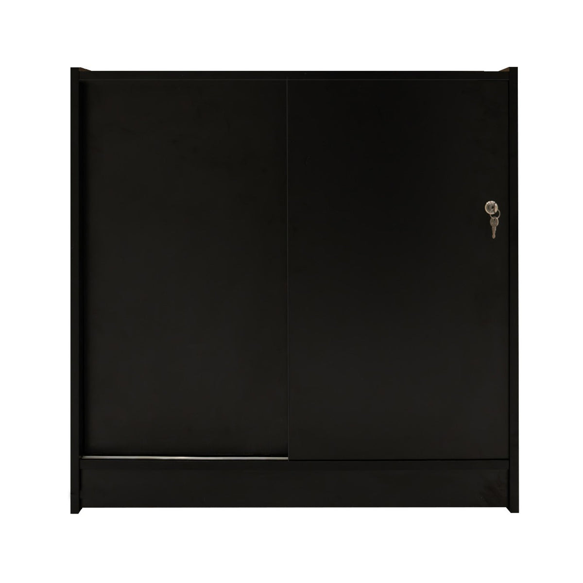 Schwarze LED-Ladentheke mit glatter Oberfläche, zwei Schiebetüren und einem Schlüssel, ideal für moderne Verkaufsräume und Ausstellungen