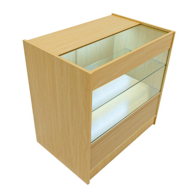 C900 LED-Ladentheke aus hellem Ahornholz mit Glasvitrine, zwei Regalen und integrierter Beleuchtung für ansprechende Produktpräsentation