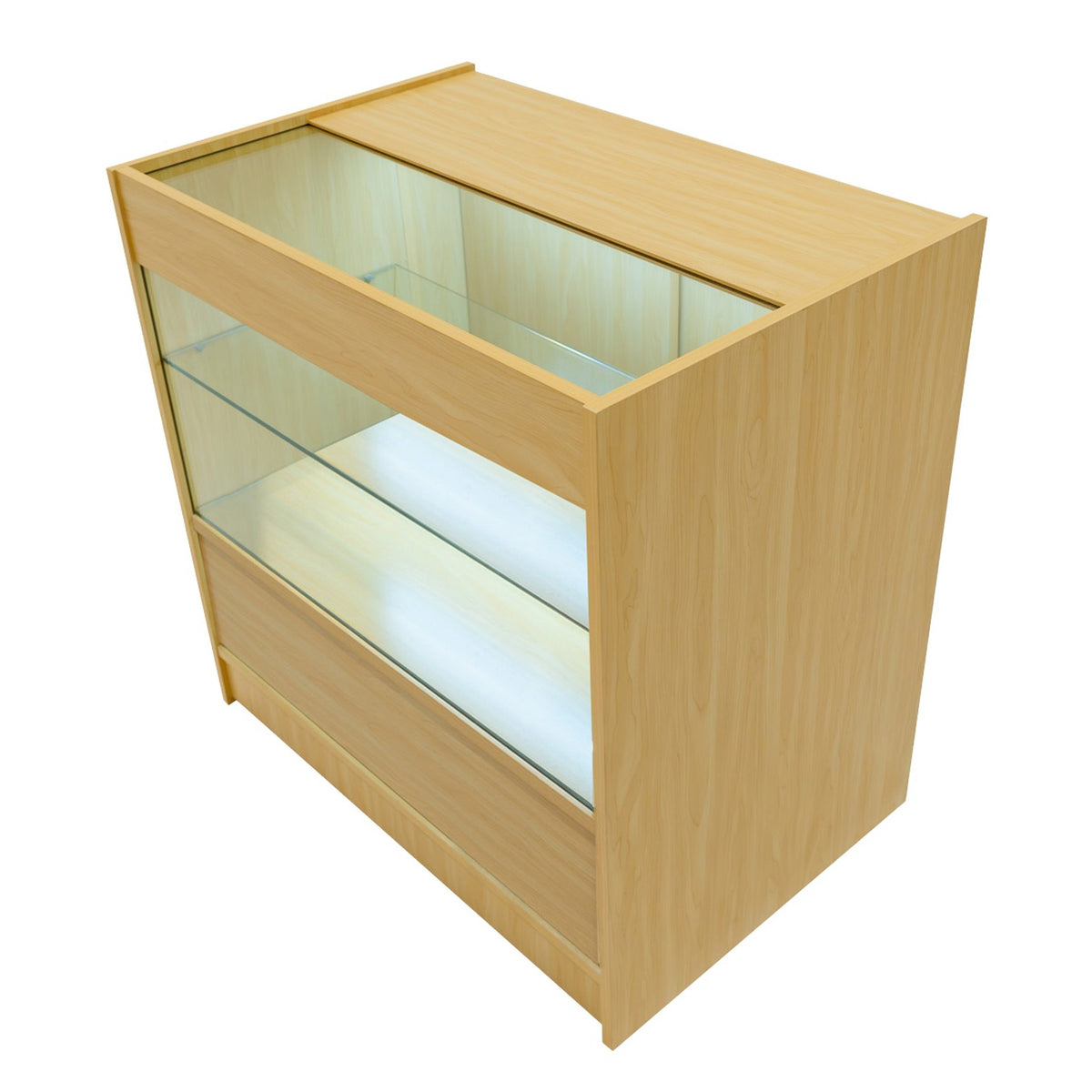 Moderne LED-Ladentheke aus hellem Ahornholz mit gläsernen Regalen, sanften Kanten und integrierter Beleuchtung für optimale Produktpräsentation