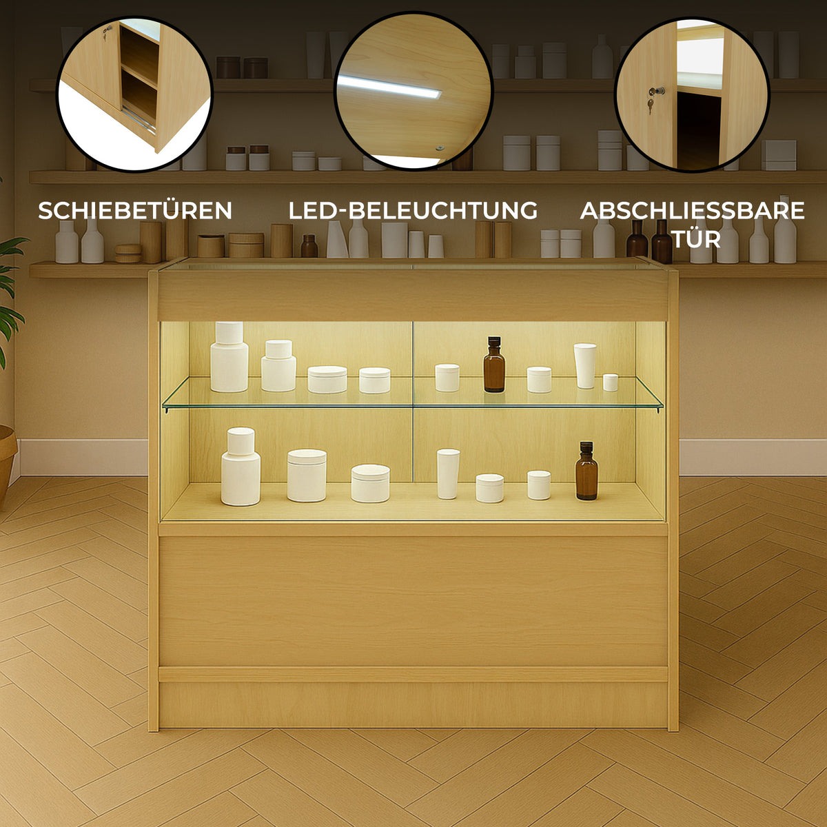 C900 LED-Ladentheke aus hellem Ahornholz mit Glasregalen, Schiebetüren, LED-Beleuchtung und abschließbarer Tür, ideal für Verkaufsräume