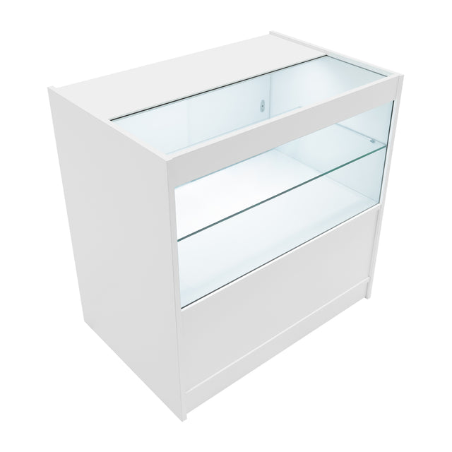 Moderne, weiße LED-Ladentheke mit gläserner Vitrine, ideal für die Präsentation von Produkten, elegantes Design und klare Linien
