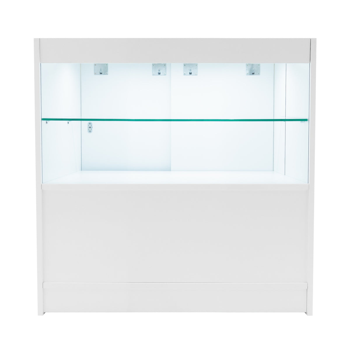 Moderne, weiße LED-Ladentheke mit gläserner Ablage, ideal für die Präsentation von Produkten in einem eleganten Einzelhandelsumfeld