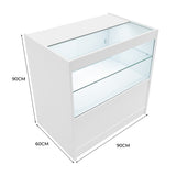 Moderne, weiße LED-Ladentheke mit Glasregalen, 90 cm hoch, 60 cm tief und 90 cm breit, ideal für die Präsentation von Produkten in Geschäften