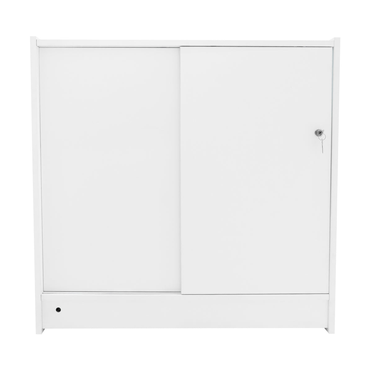 Moderne, weiße LED-Ladentheke mit zwei Schiebetüren, glatter Oberfläche und minimalistischer Form, ideal für Verkaufsräume und Ausstellungen
