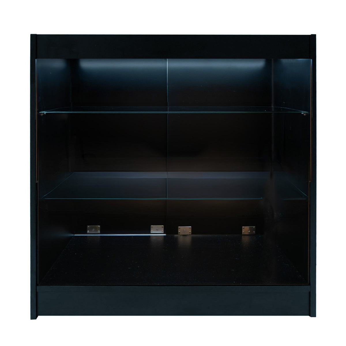 Schwarze LED-Ladentheke mit zwei Glasregalen, elegant und modern, ideal für die Präsentation von Produkten in Geschäften oder Ausstellungen