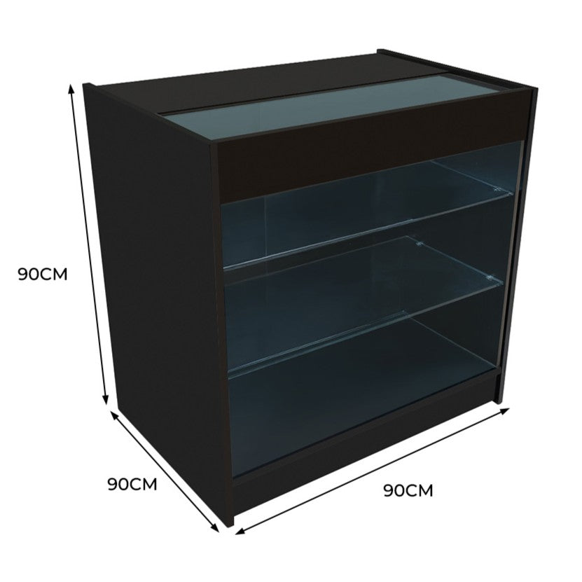Schwarze K900 LED-Ladentheke mit zwei transparenten Glasregalen, elegantes Design, ideal für den Einzelhandel, Maße 90 cm x 90 cm x 90 cm
