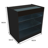 Schwarze K900 LED-Ladentheke mit zwei transparenten Glasregalen, elegantes Design, ideal für den Einzelhandel, Maße 90 cm x 90 cm x 90 cm