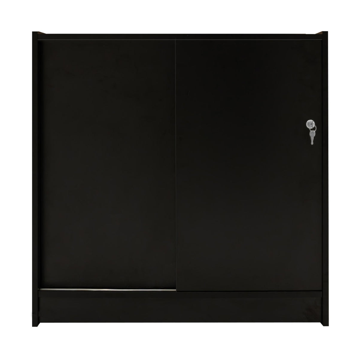Schwarze LED-Ladentheke mit glatter Oberfläche, zwei Schiebetüren und einem Schlüsselverschluss, ideal für Verkaufsräume und Ausstellungen