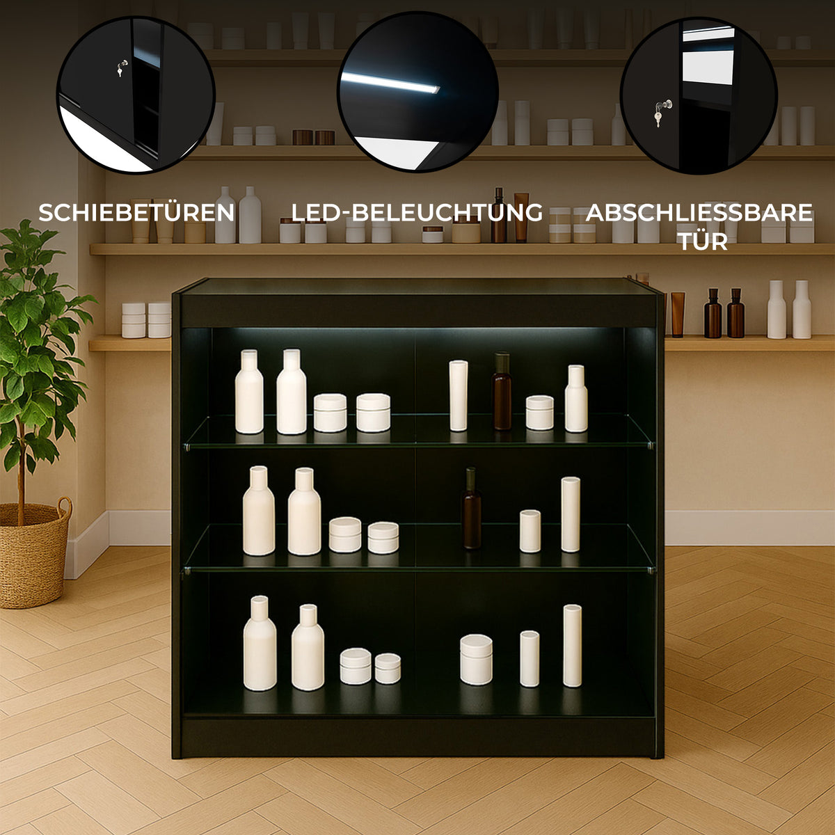 Schwarze K900 LED-Ladentheke mit schlichten, eleganten Linien, LED-Beleuchtung und mehreren Regalen für Produkte, ideal für Geschäfte