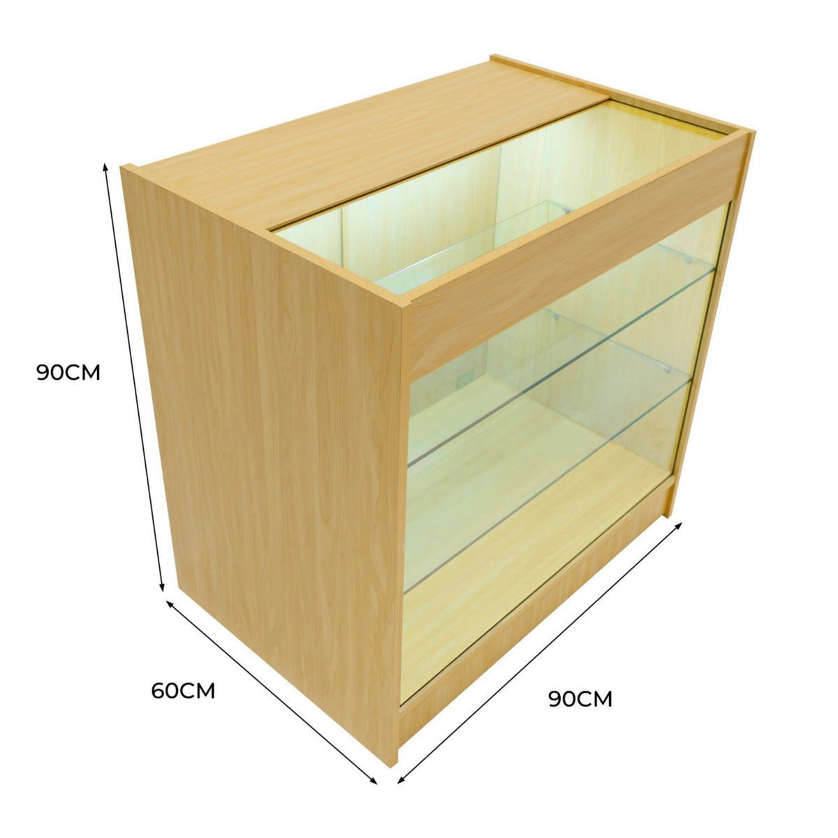 K900 LED-Ladentheke aus hellem Ahornholz mit transparenten Glasregalen, beleuchtet von innen, modern und funktional, ideal für den Einzelhandel