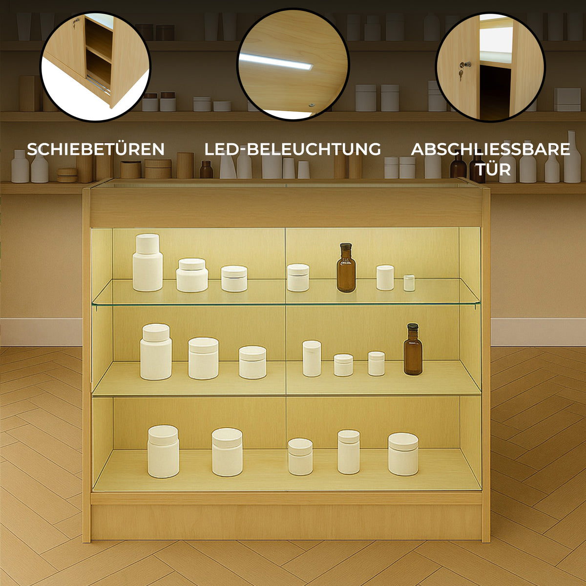 K900 LED-Ladentheke aus hellem Ahornholz mit gläsernen Regalen, LED-Beleuchtung und Schiebetüren, ideal für den Einzelhandel