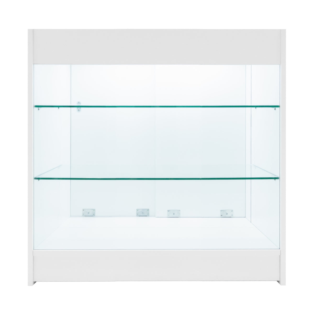 Moderne K900 LED-Ladentheke in Weiß mit klaren Glaseinlegeböden, ideal für die Präsentation von Produkten in einem eleganten Verkaufsraum