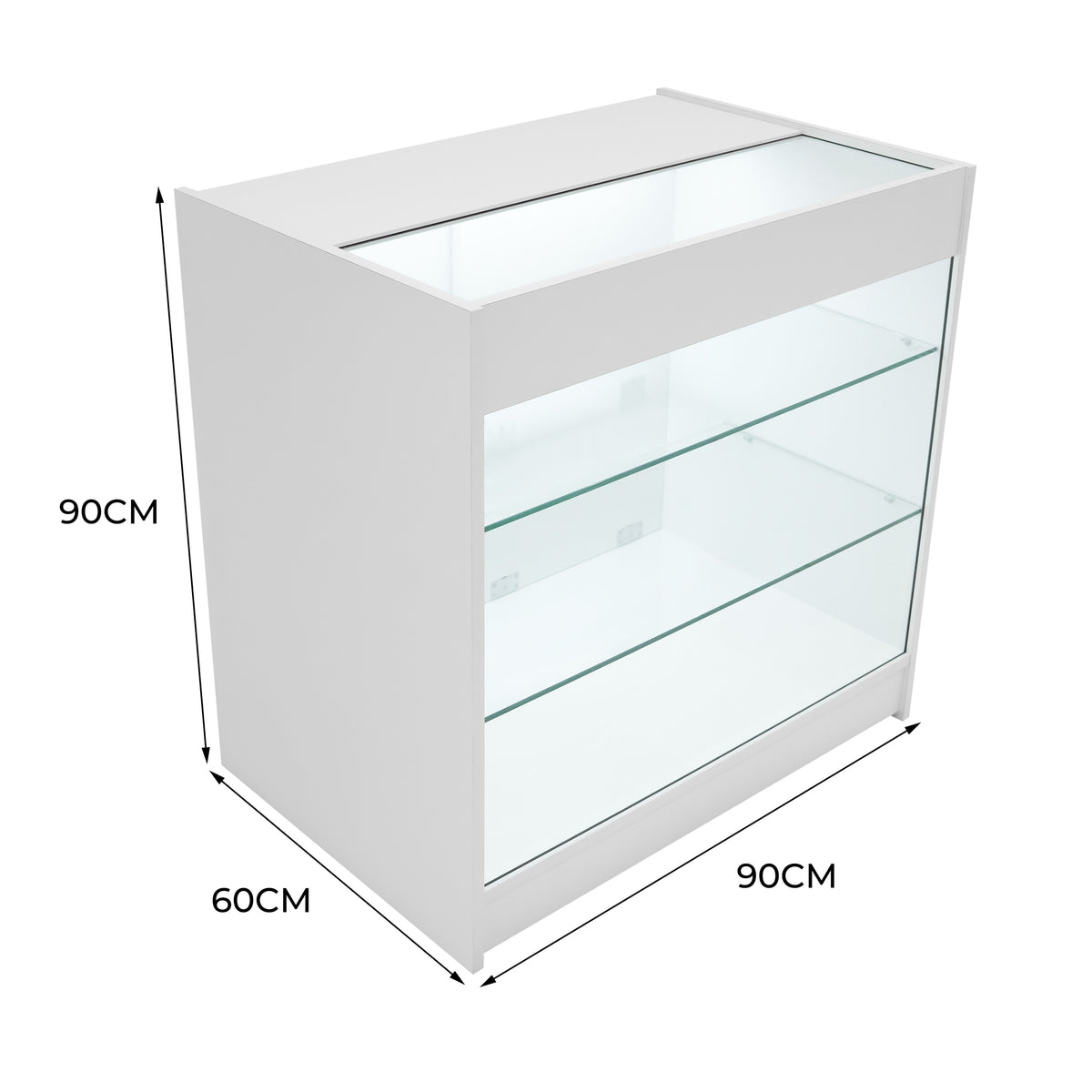Moderne K900 LED-Ladentheke in Weiß mit klaren Glasregalen, 90 cm breit, 60 cm tief und 90 cm hoch, ideal für Verkaufsräume und Ausstellungen