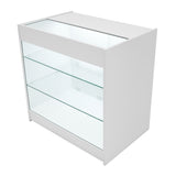 Moderne, weiße LED-Ladentheke mit gläsernen Regalen, elegantem Design und klaren Linien, ideal für den Einzelhandel oder Ausstellungen
